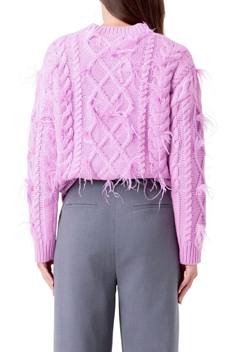 Endless Rose Feather Trim Cable Knit Sweater, Alternate, color, Lilac