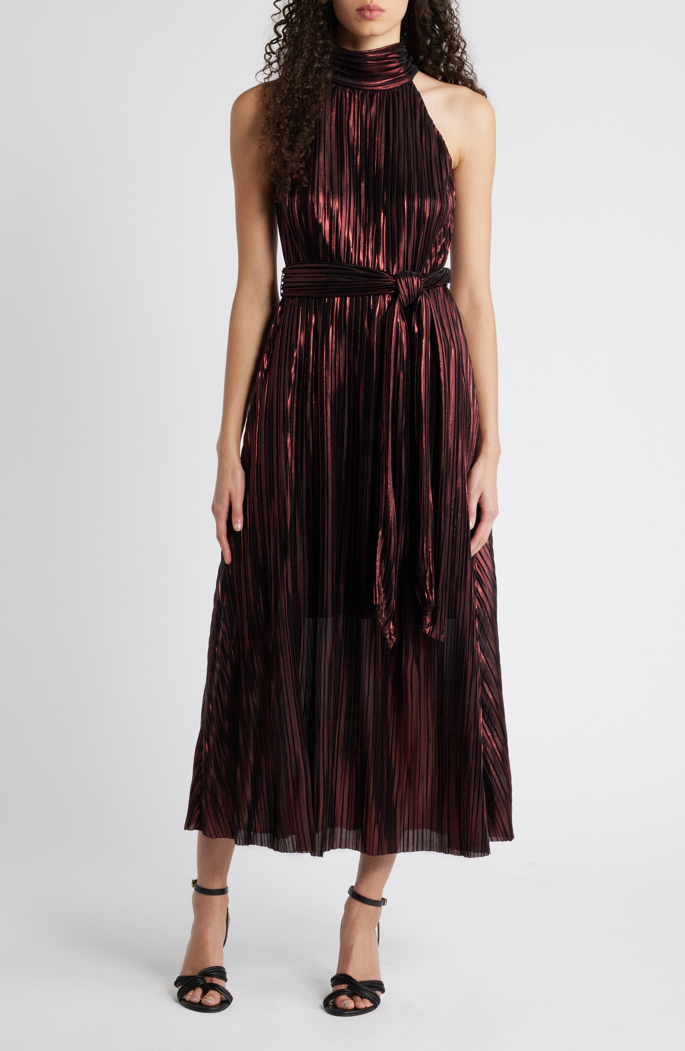 Eliza J Metallic Pleated Cocktail Dress in Wine 