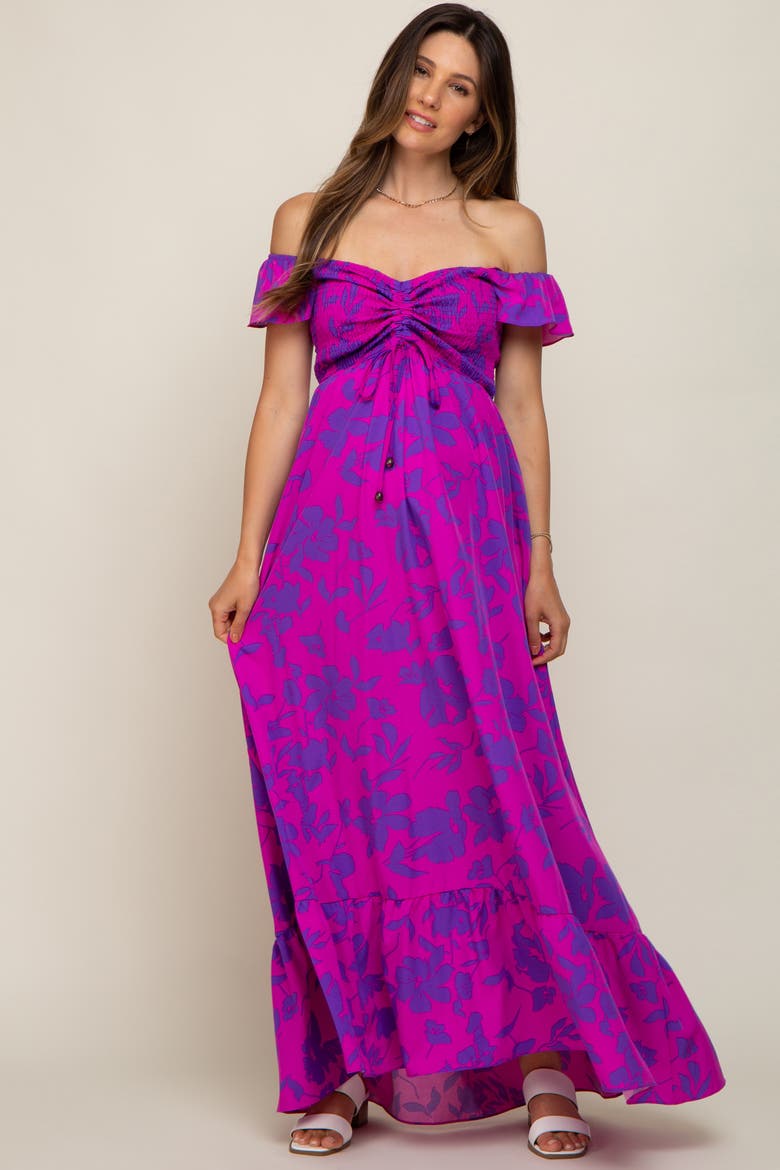 Floral Smocked Cinched Top Maxi Dress, Alternate, color, Magenta