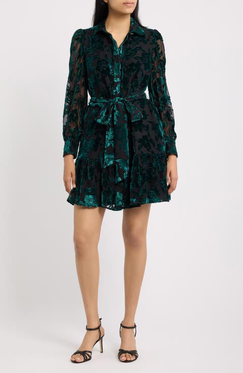 Tiered Tie Waist Long Sleeve Burnout Shirtdress