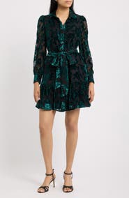 Anne Klein Tiered Tie Waist Long Sleeve Burnout Shirtdress
