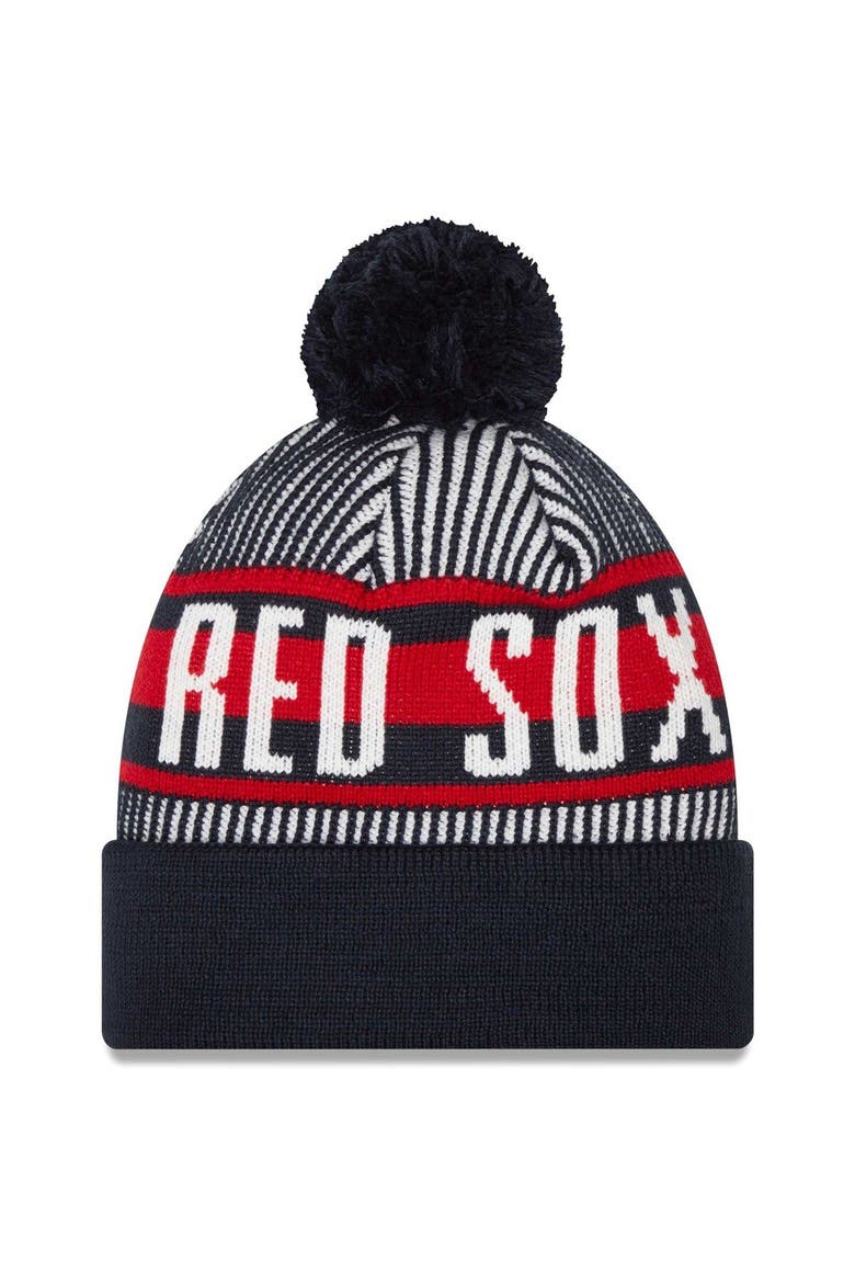 Men's New Era Navy Boston Red Sox Striped Cuffed Knit Hat with Pom, Alternate, color, Navy
