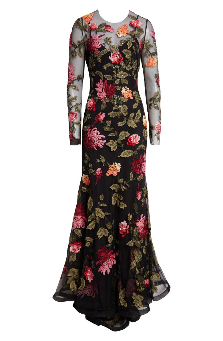Carolina Herrera Chrysanthemum Embroidered Long Sleeve Tulle Trumpet Gown, Alternate, color, Black Multi