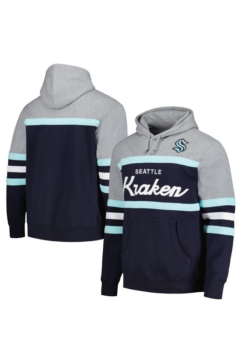 Men's Mitchell & Ness Deep Sea Blue/Gray Seattle Kraken Head Coach Pullover Hoodie, Alternate, color, Navy