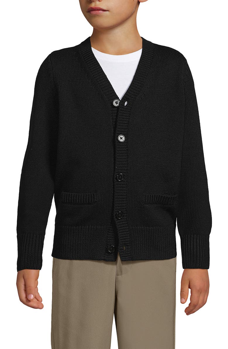 Lands' End School Uniform Boys Cotton Modal Button Front Cardigan Sweater, Main, color, Black