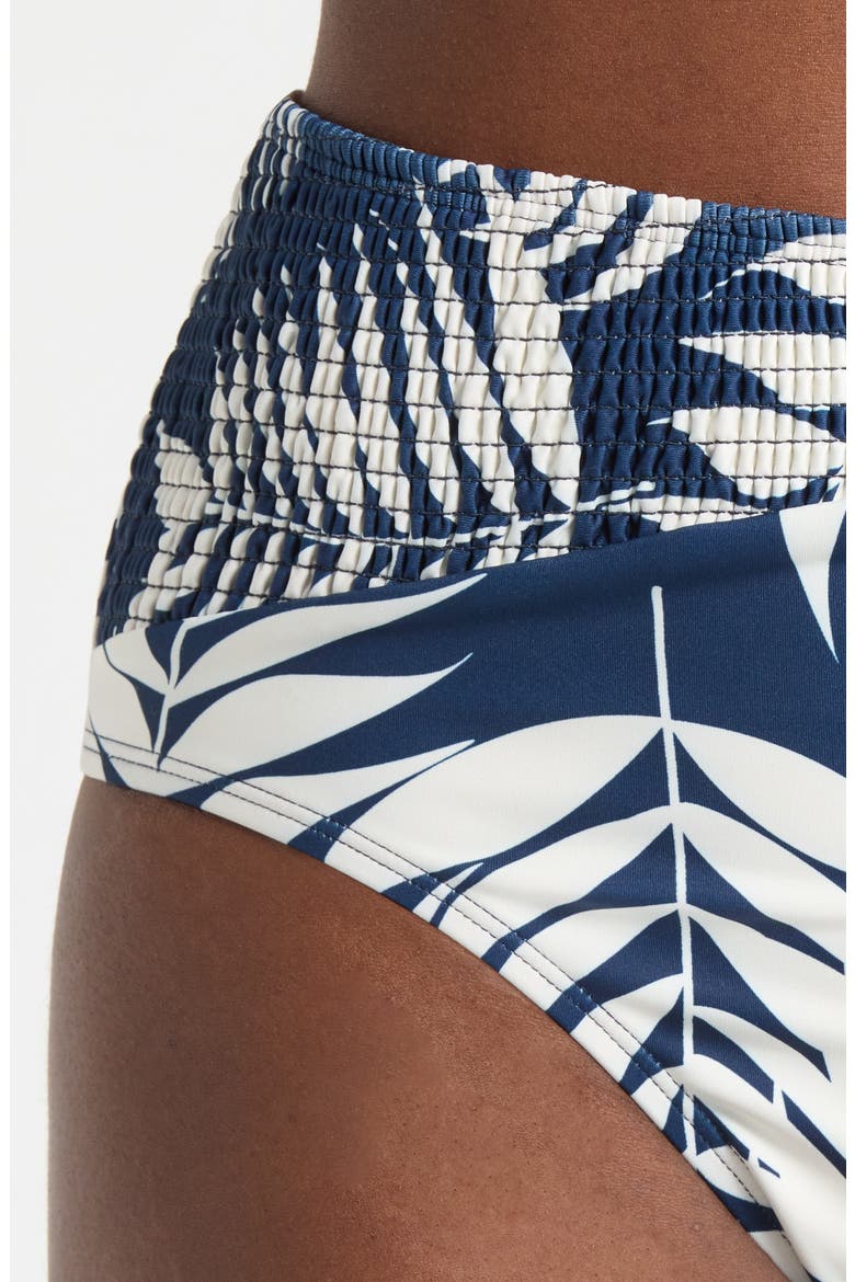 Smocked High Waist Bikini Bottoms, Alternate, color, NAVY PARADISE FOLIAGE