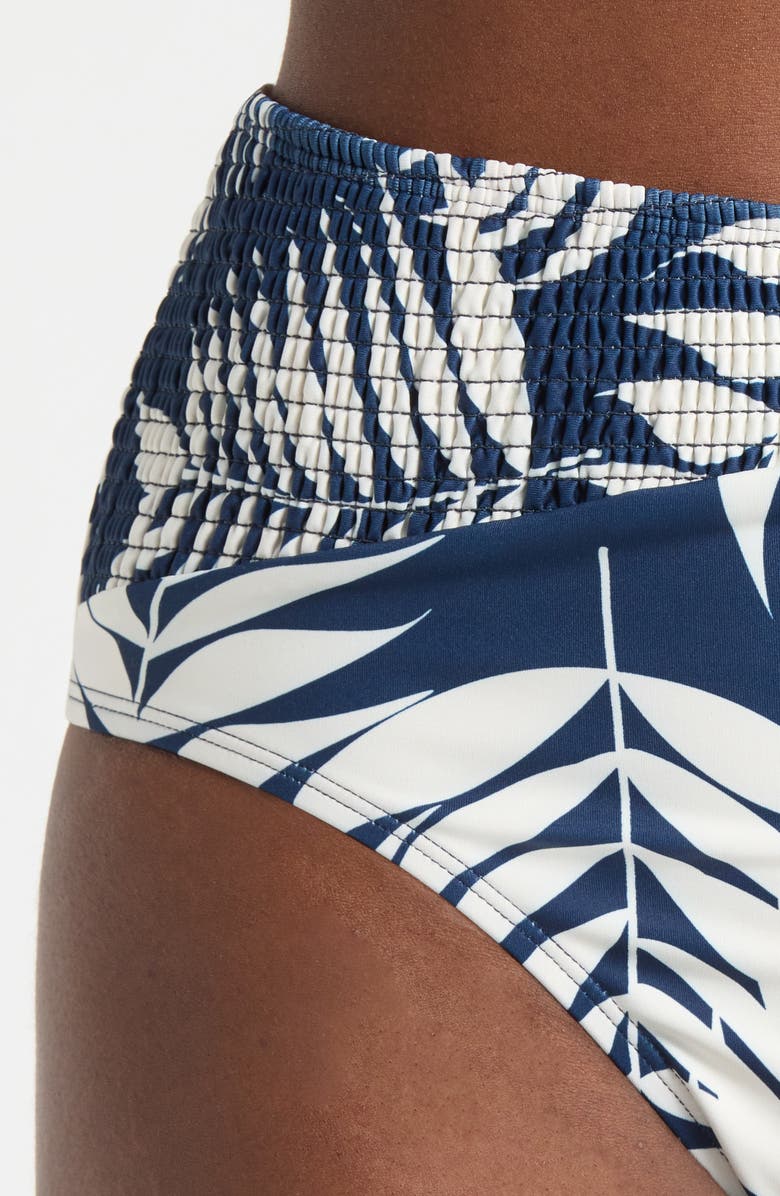 Hutch Smocked High Waist Bikini Bottoms, Alternate, color, Navy Paradise Foliage