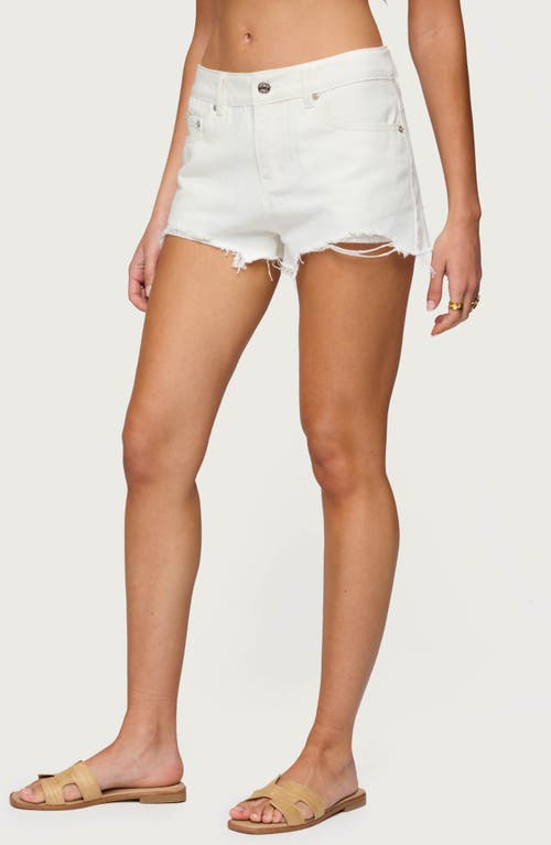 Edikted Fern Mid Rise Denim Cutoff Shorts In White