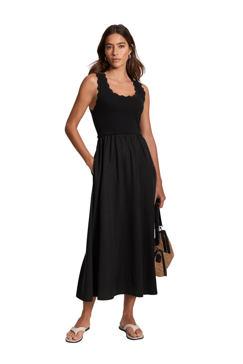 Scallop Short Sleeve Trim Midi Dress, Alternate, color, Black