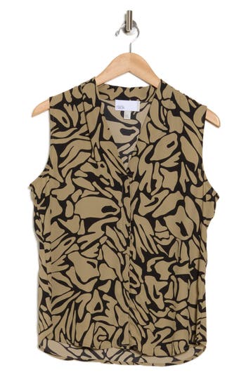 Nordstrom Rack V-neck Sleeveless Woven Shell Top In Olive- Black Abstract Animal