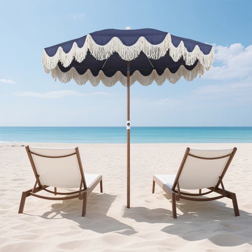 Jonathan Y Mariner 6.5 Ft. Classic Cottage Fringe Tassel Market Beach Umbrella With Push Button Tilt In Blue