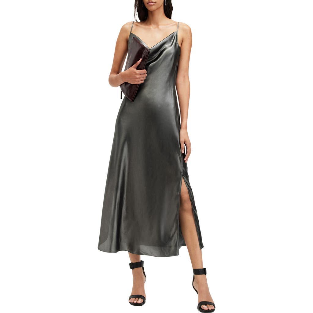 Allsaints Hadley Metallic Midi Slip Dress In Metallic Grey