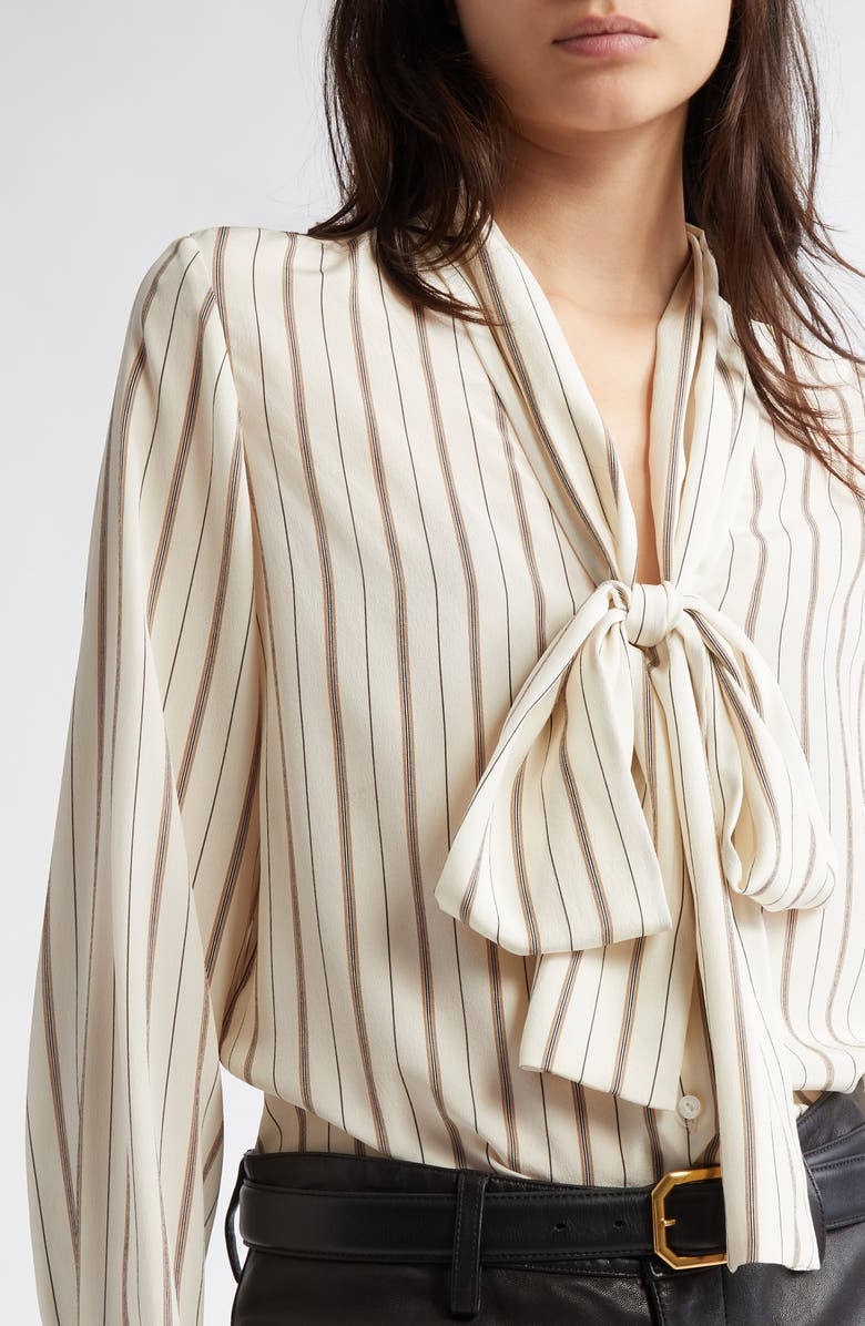 Nili Lotan Angelique Stripe Tie Neck Silk Shirt, Alternate, color, Brandy Stripes