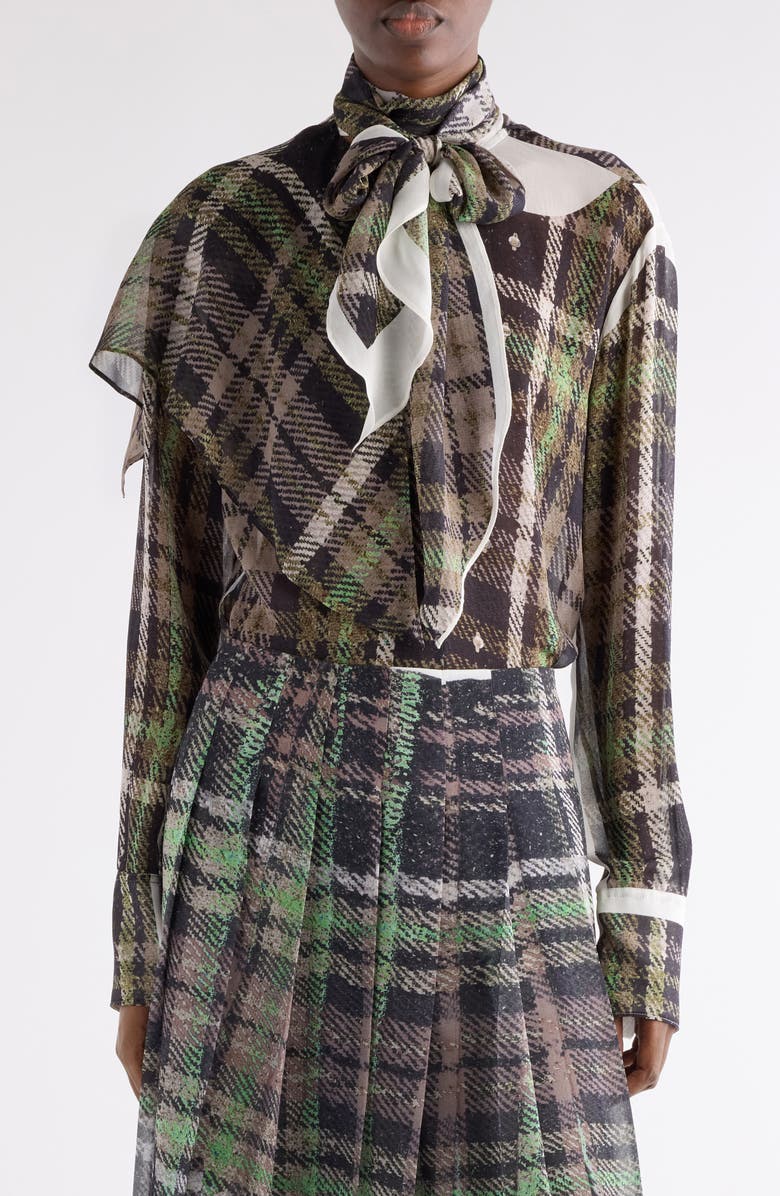 Acne Studios Senelle Plaid Silk Shirt, Main, color, Green/ Grey