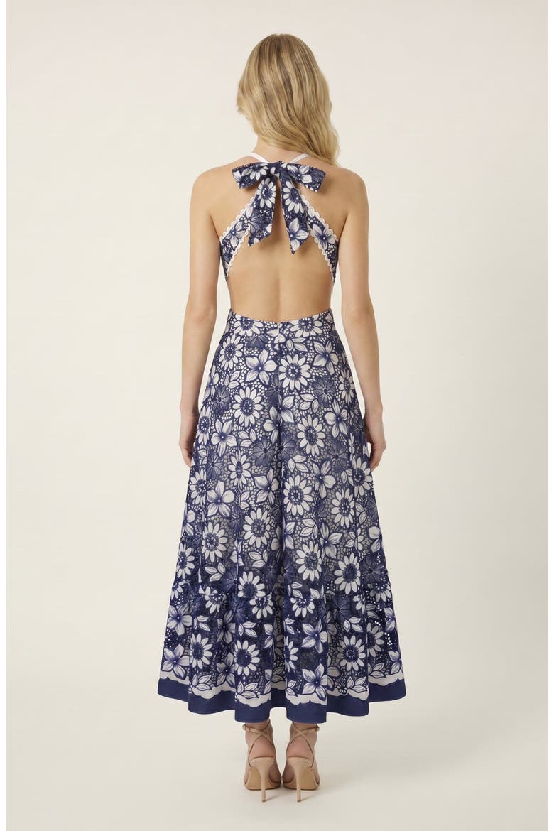 Halter Dress with Vintage Embroidery and Cutout Waist, Alternate, color, Blue