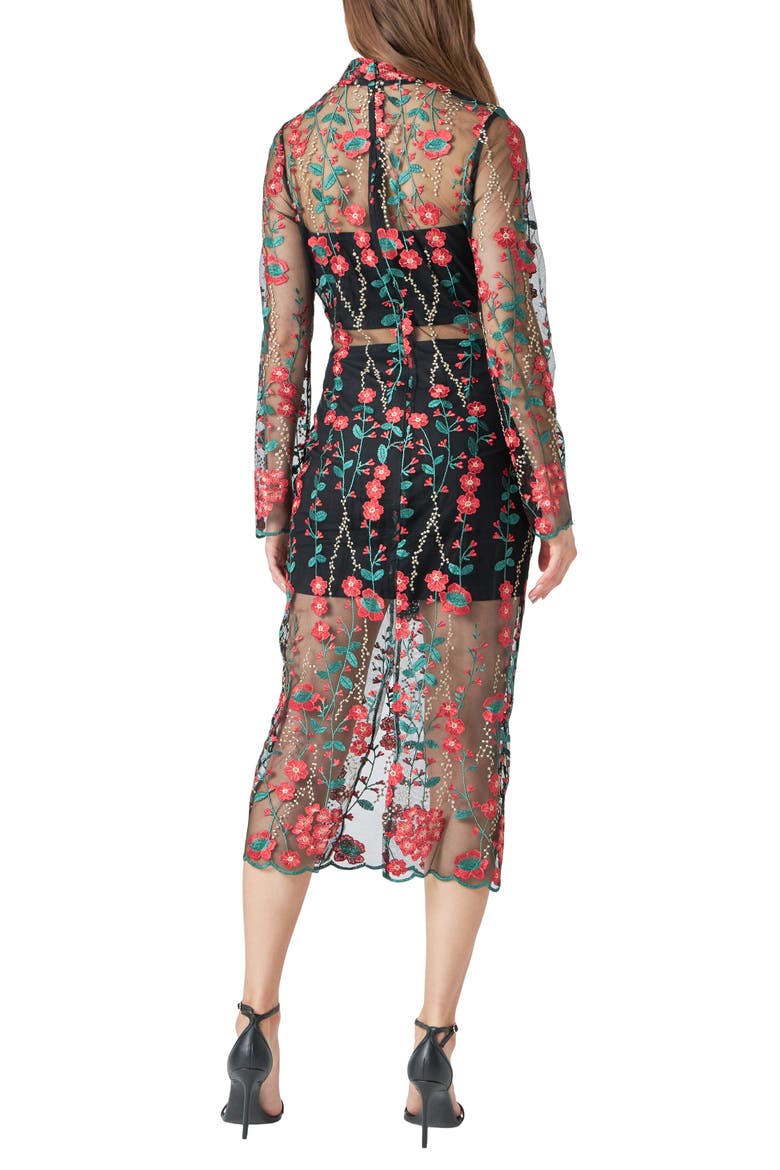 Floral Embroidered Long Sleeve Midi Dress, Alternate, color, RED MULTI