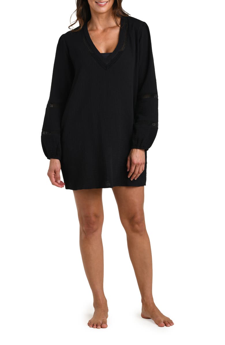 La Blanca Seaside Lace Inset Long Sleeve Cotton Cover-Up Dress, Main, color, Black