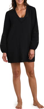 La Blanca Seaside Lace Inset Long Sleeve Cotton Cover-Up Dress