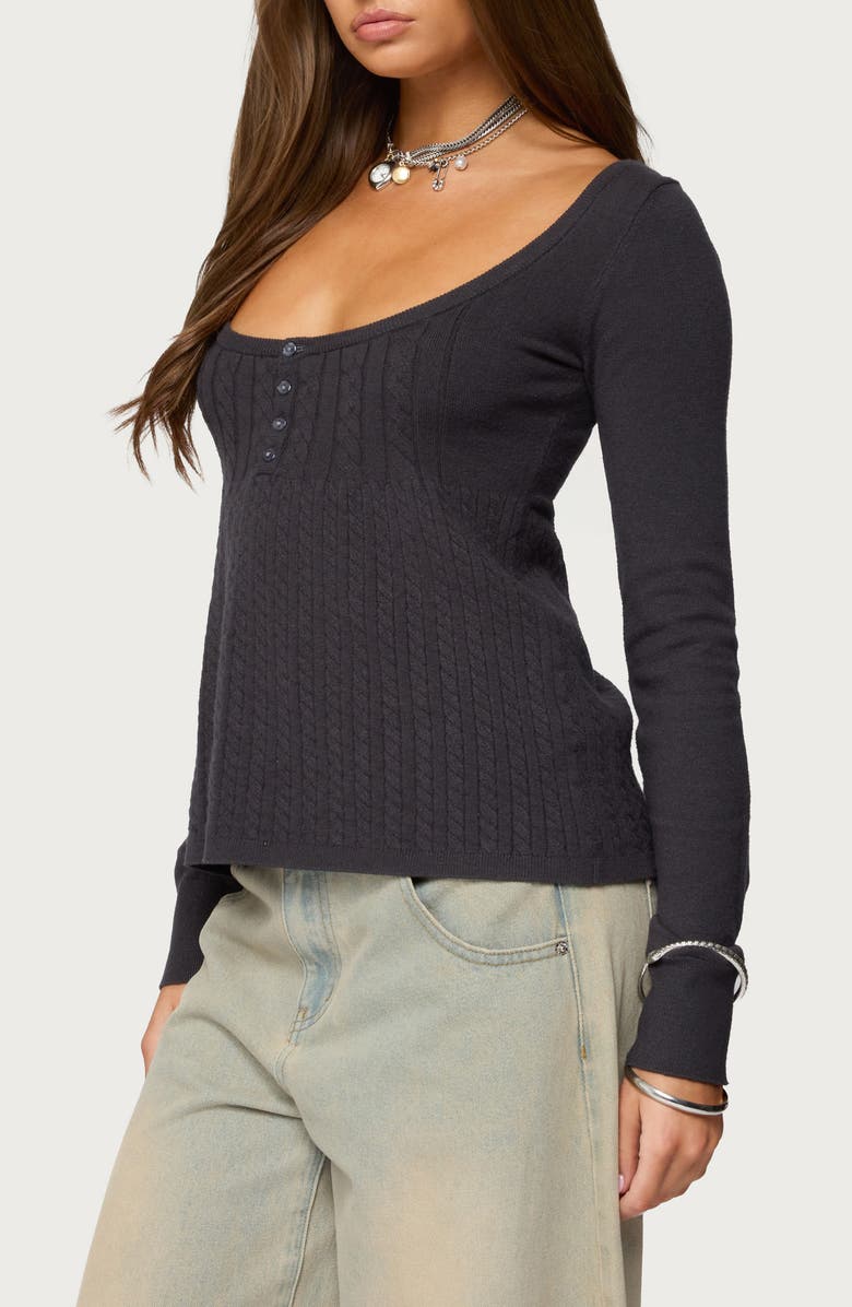 EDIKTED Jaylah Cable Stitch Long Sleeve Shirt, Alternate, color, Dark-Gray