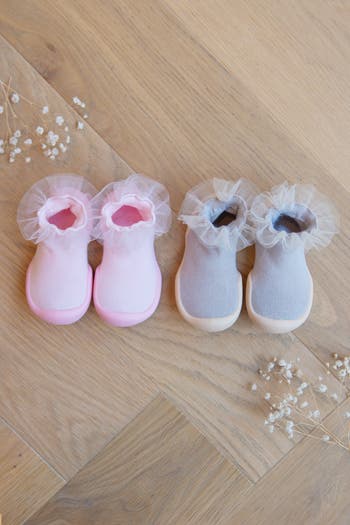 Toddler Girl Sock Shoes Tulle Trim - Beige