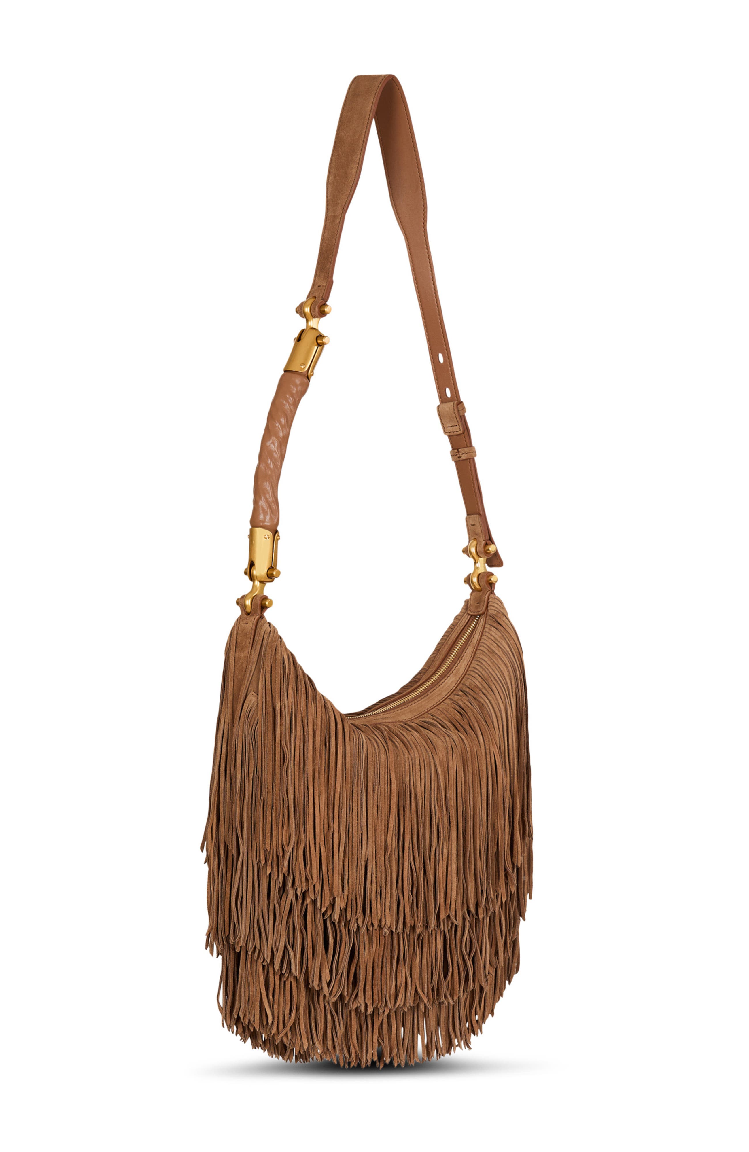 Balmain Ebene Hobo Fringes-Suede Leather, Alternate, color, Brown