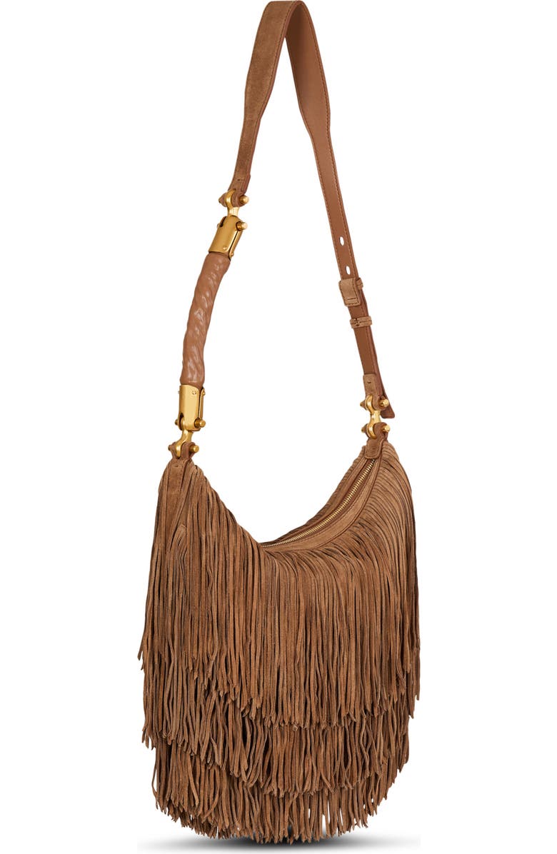 Balmain Ebene Hobo Fringes-Suede Leather, Alternate, color, Brown