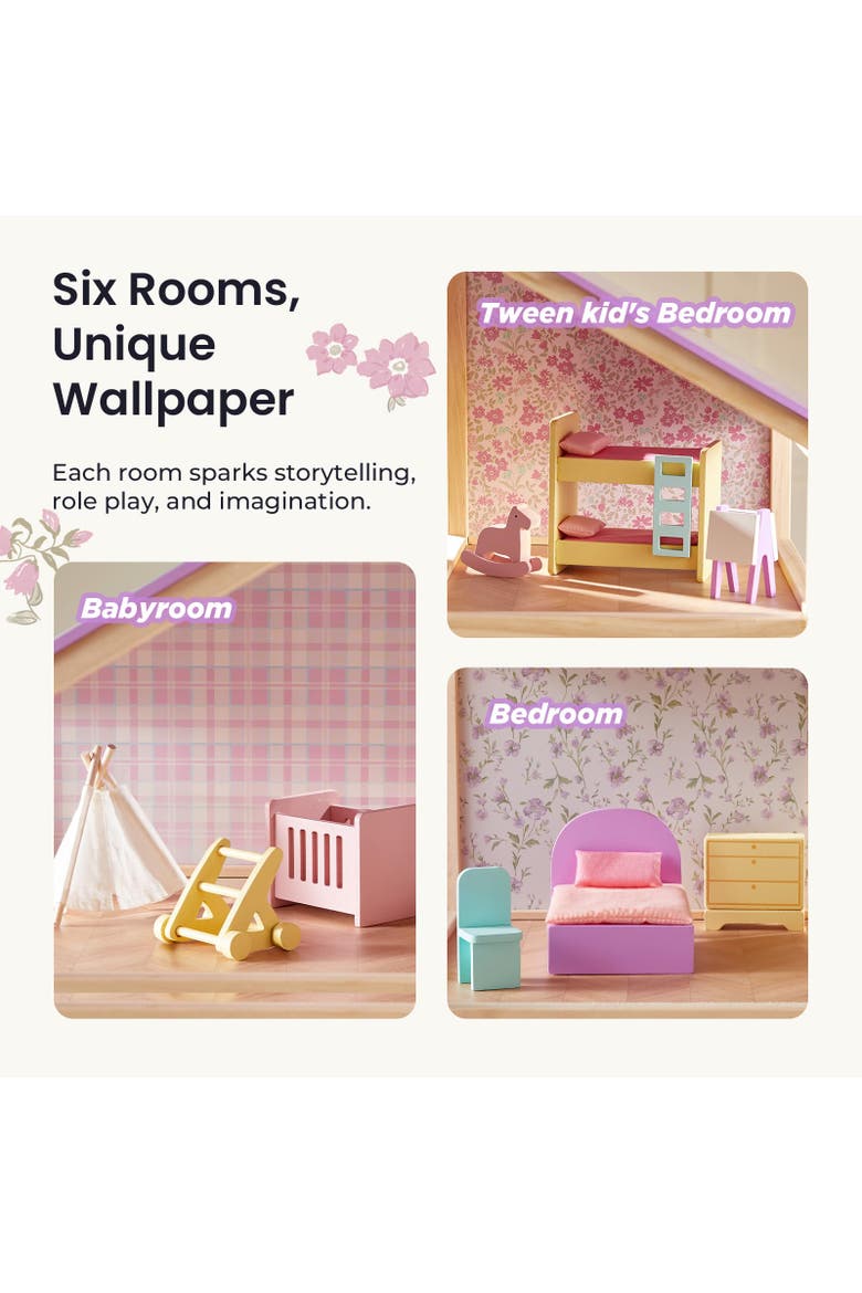 6 Room Wooden Dollhouse Set with 31 Piece Furniture for Kids, Alternate, color, Multicolor