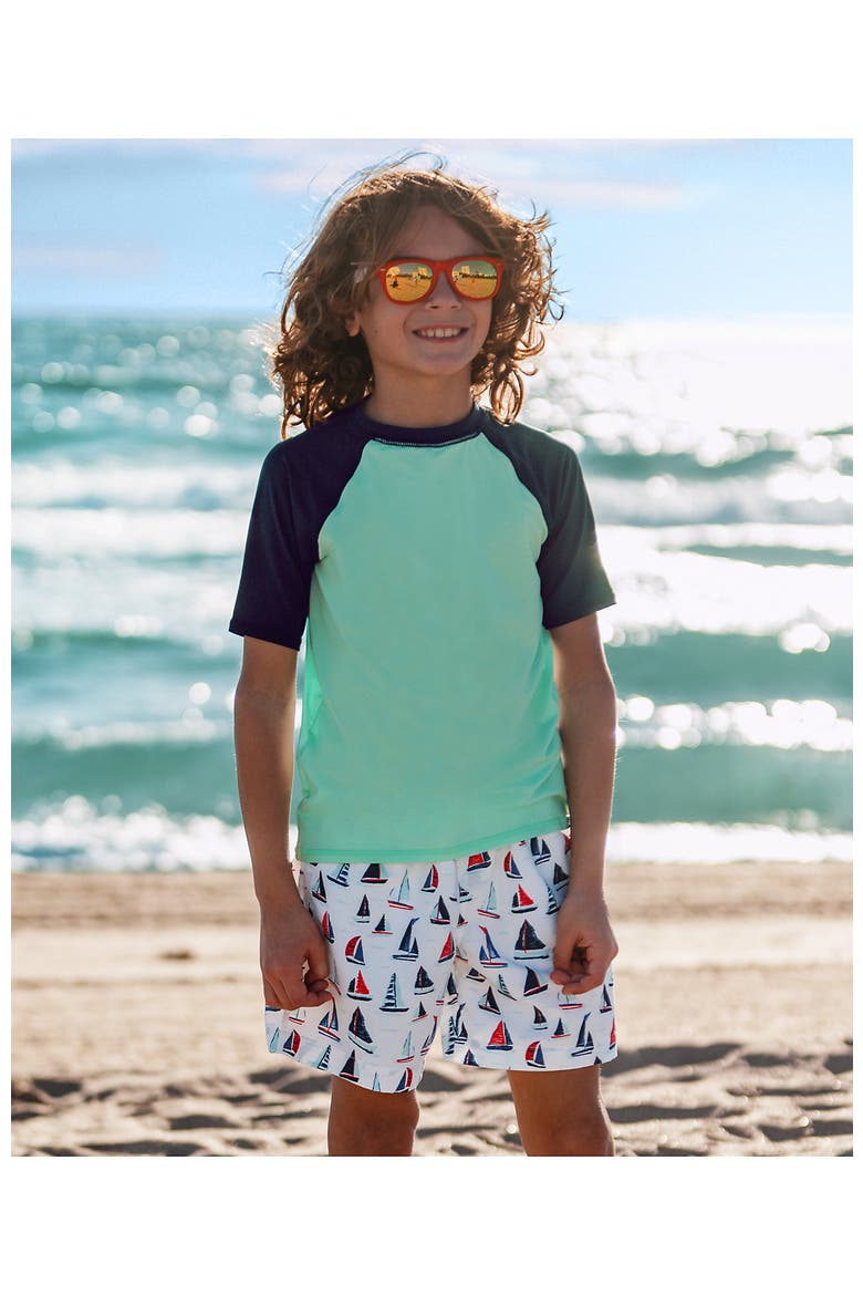 Boys Slim Chlorine Resistant 5" Swim Trunks with Mesh Liner, Main, color, Sailboats/White
