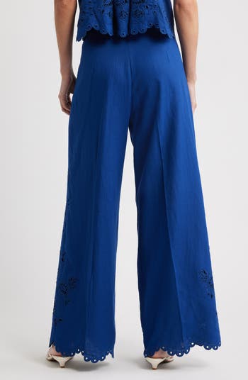 Richelieu Embroidery Detail Linen Blend Pants