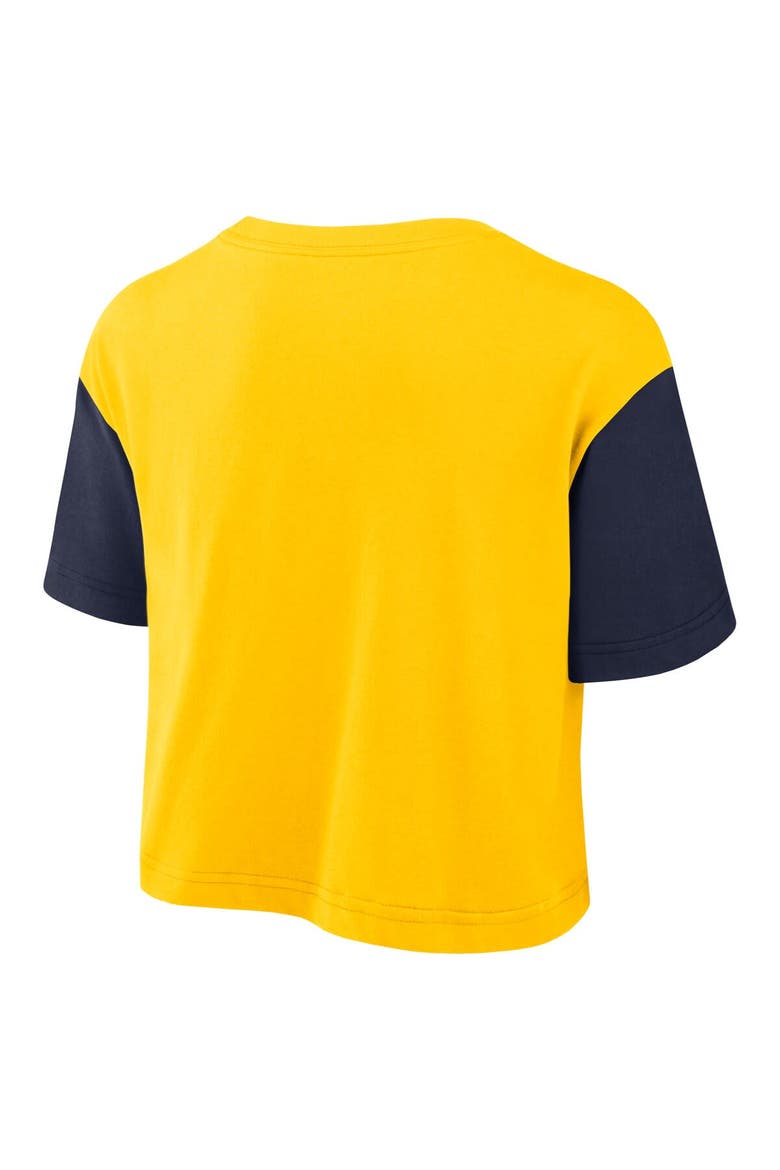 Women's Jordan Brand  Maize/Navy Michigan Wolverines Color-Block Script Dri-FIT Cropped T-Shirt, Alternate, color, Maize