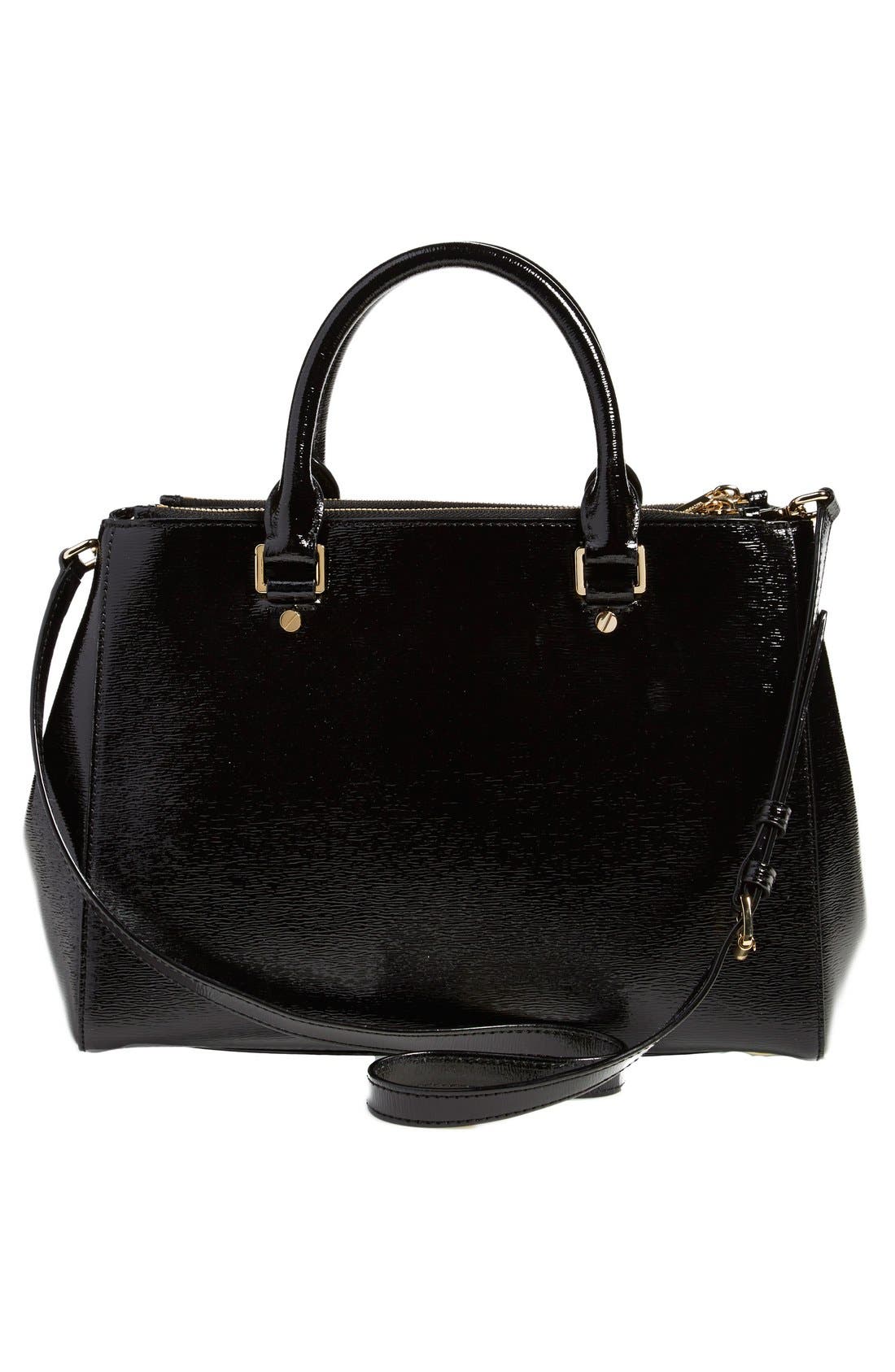 'Medium Sutton' Bark Embossed Patent Leather Satchel, Alternate, color, BLACK