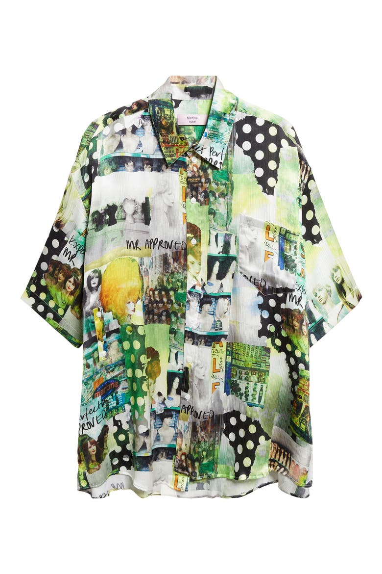 Patchwork Print Boxy Silk Button-Up Shirt, Alternate, color, GREEN WIGZ