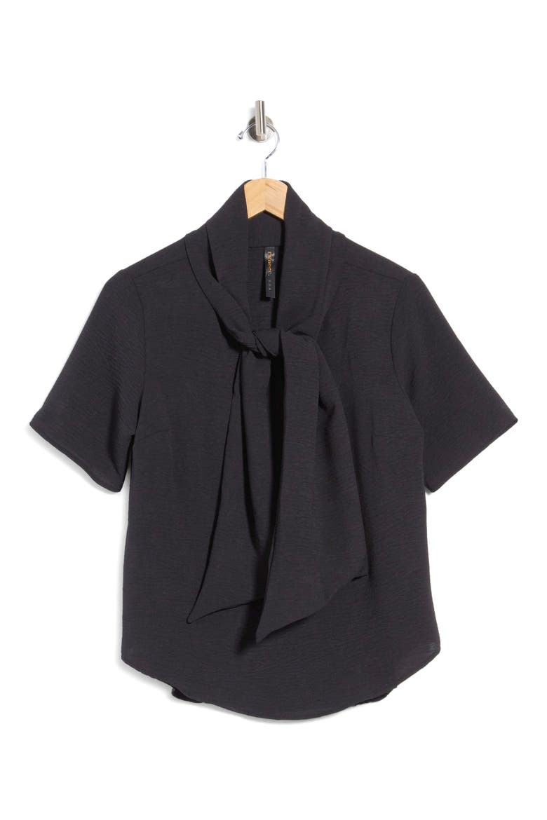 Tie Neck Short Sleeve Top, Main, color, BLACK