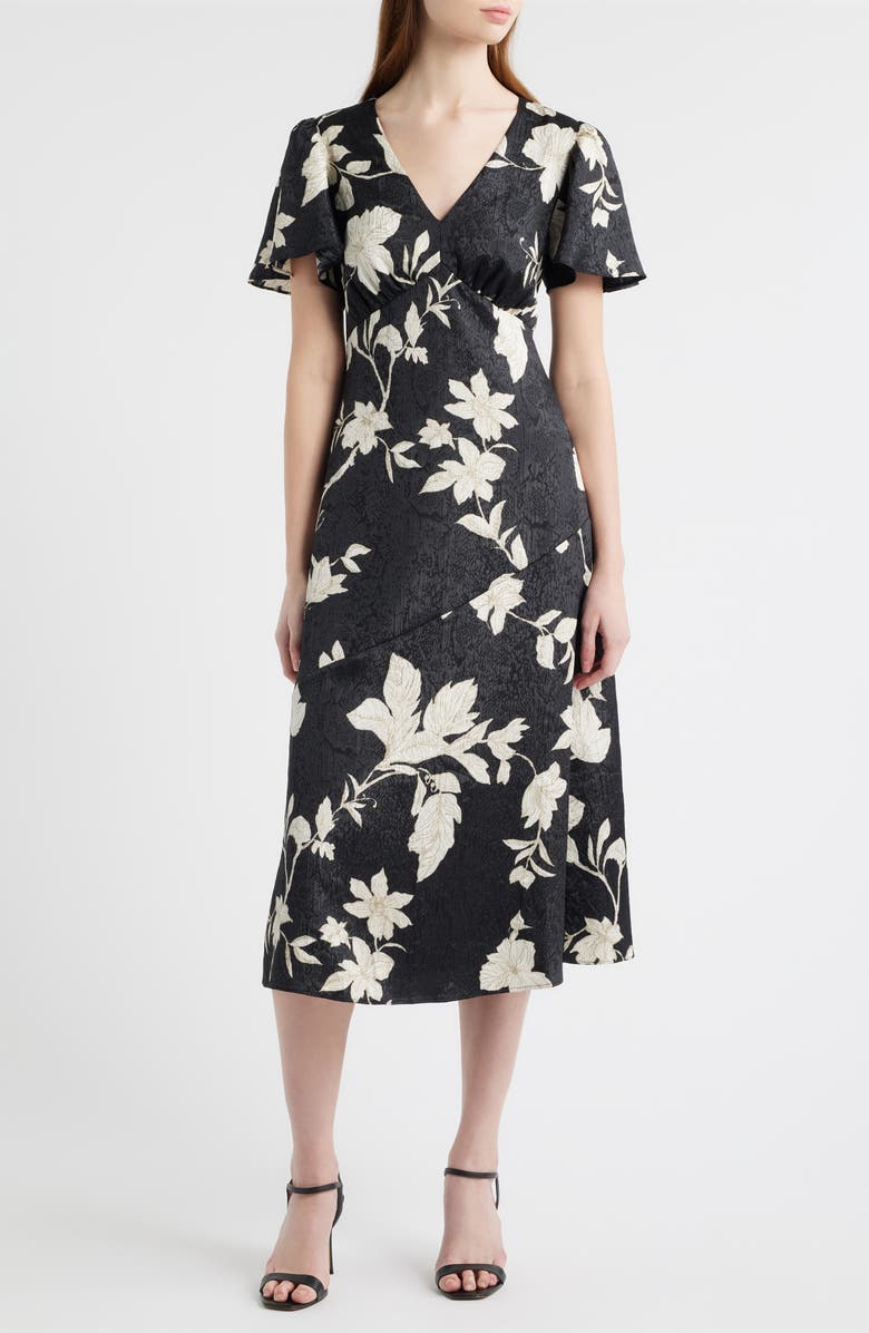 Chelsea28 Floral Jacquard Draped Midi Dress, Main, color, Black- Ivory Jan Toile