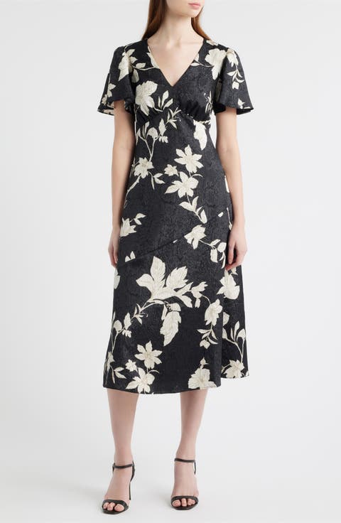 Floral Jacquard Draped Midi Dress