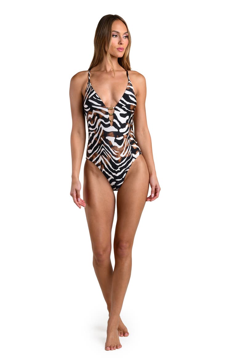 Nightlife Plunge One-Piece Swimsuit, Alternate, color, BROWN MULTI
