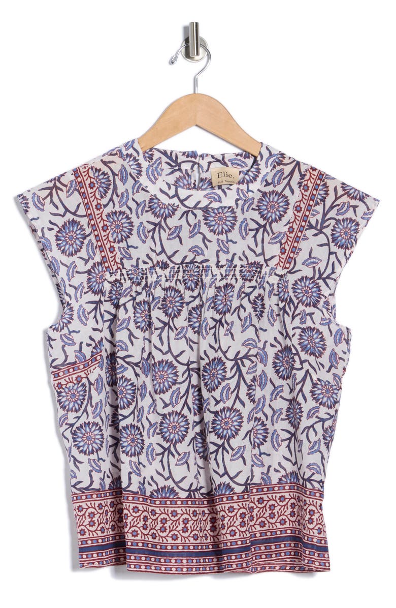 ELIE ELIE TAHARI Floral Smocked Cotton Top, Alternate, color, Navy/ Maroon Floral Print