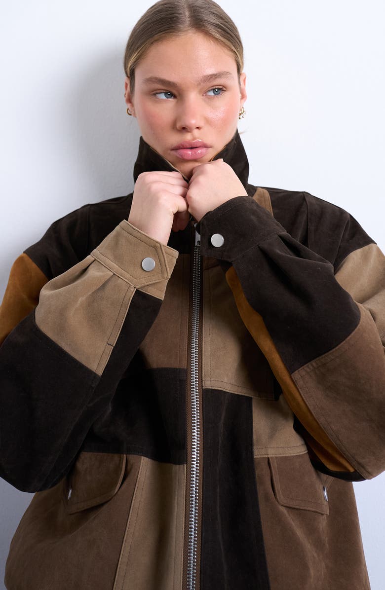 Topshop Patchwork Faux Suede Bomber Jacket, Alternate, color, Brown Multi