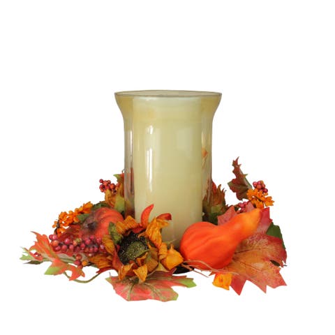 16" Artificial Orange Fall Flowers and Pumpkins Pillar Candle Holder
