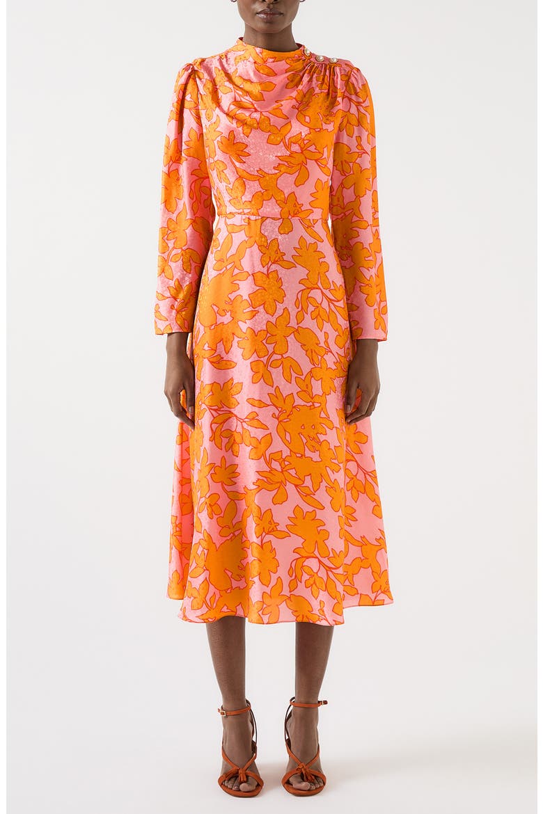 Samantha Floral Print Long Sleeve Midi Dress, Main, color, MULTI-ORANGE