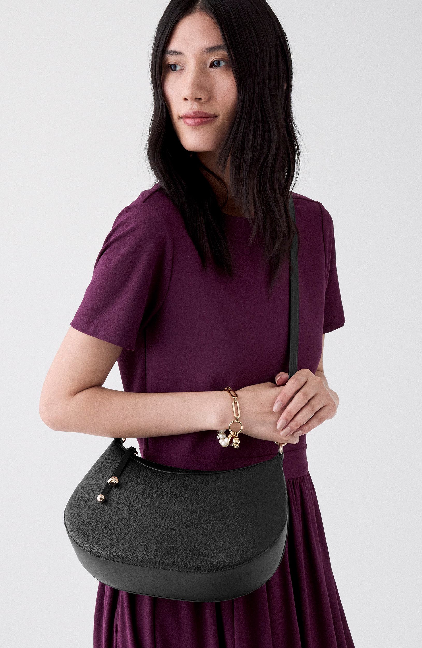 Liv Pebbled Leather Shoulder Bag, Alternate, color, BLACK