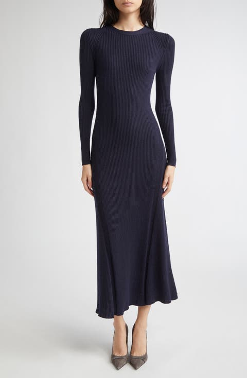 Long Sleeve Wool & Silk Rib Sweater Dress