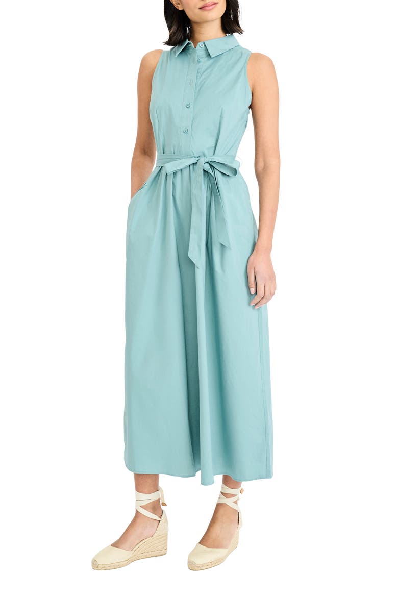 Tie Waist Stretch Cotton Shirtdress, Main, color, MINERAL BLUE