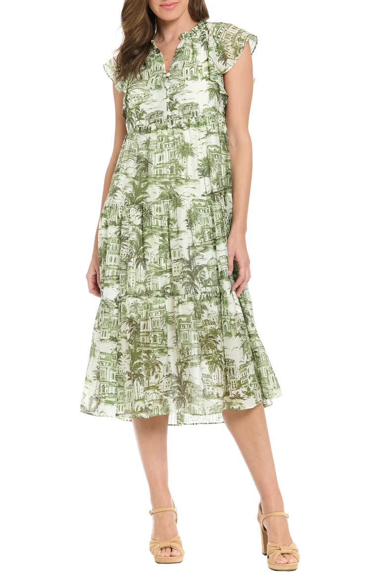 Flutter Sleeve Babydoll Dress, Main, color, PESTO/ CREAM