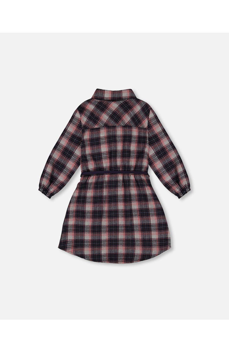 Deux par Deux Girl's Shirt Flannel Dress With Belt Plaid Navy And Pink, Alternate, color, 