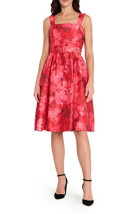 Tahari ASL Floral Print Crinkle Belted Dress (Petite)