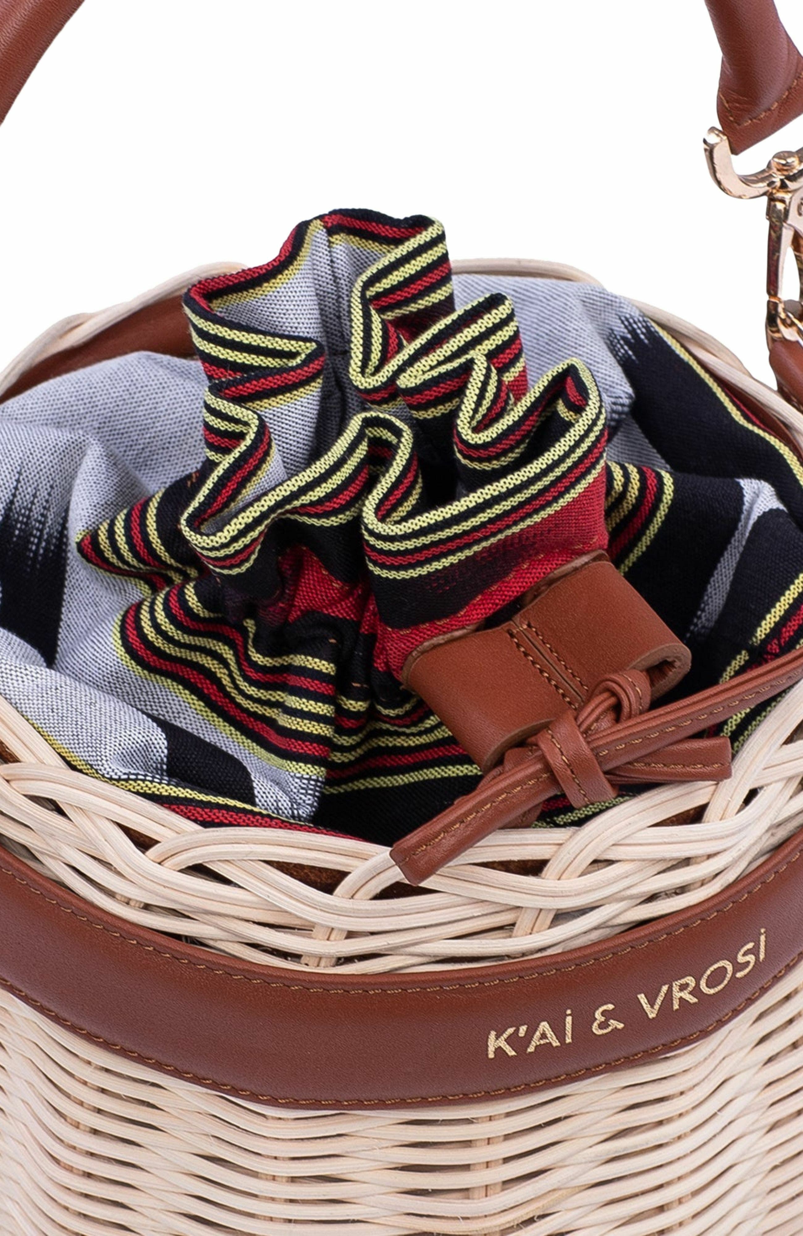 Leather & Straw Bucket Bag with Drawstring, Alternate, color, Brown