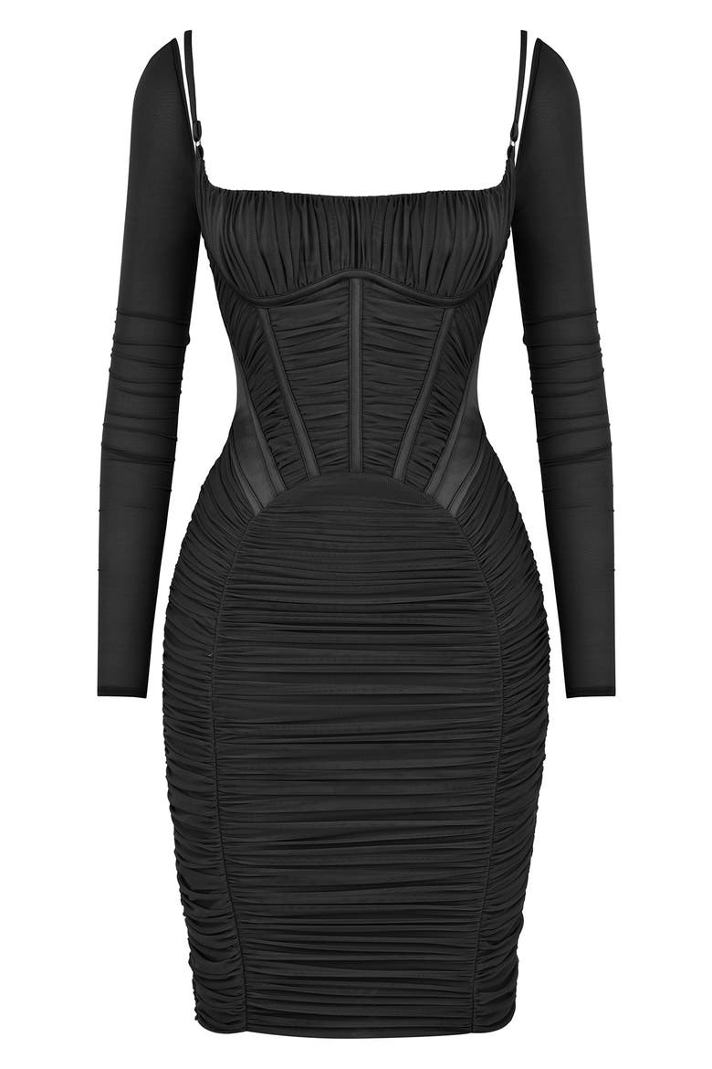 Freyja Satin Ruched Long Sleeve Body-Con Dress, Alternate, color, BLACK