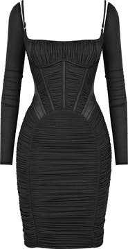 HOUSE OF CB Freyja Satin Ruched Long Sleeve Body-Con Dress