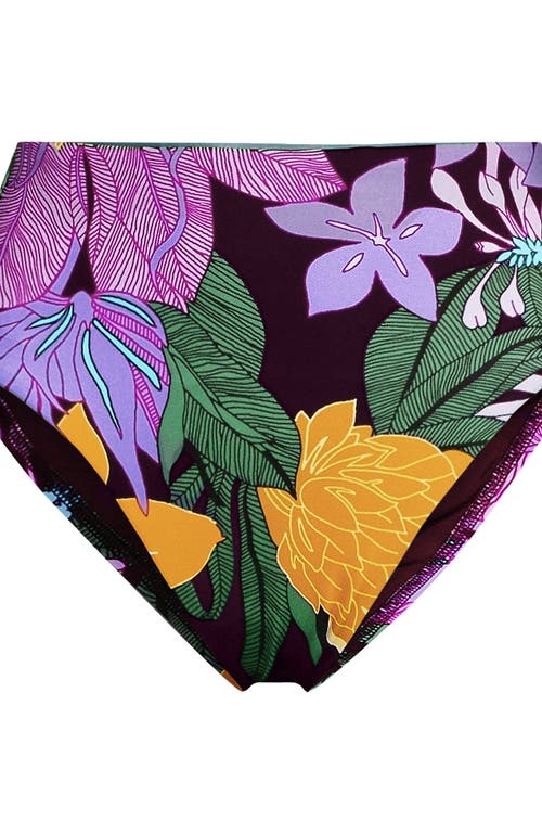 Lands' End Ribbed Smoothing High Waisted Bikini Bottoms In Dark Wine Multi Floral Blooms